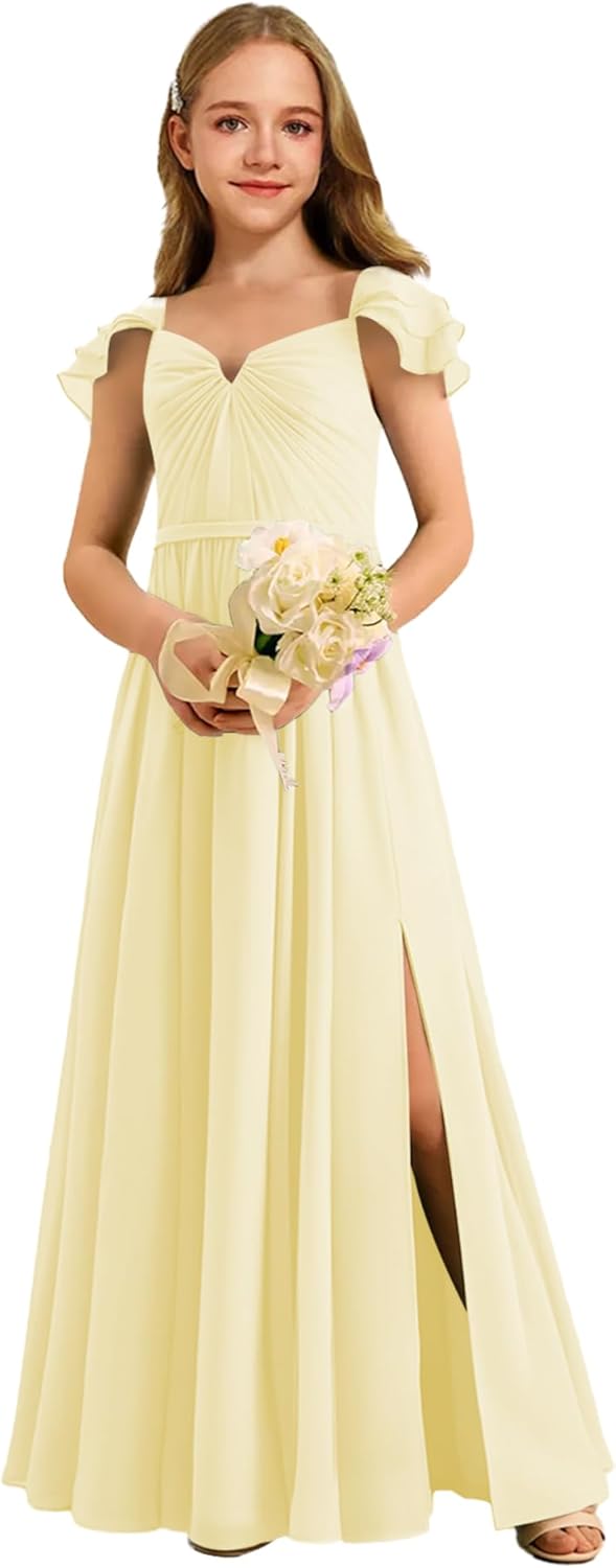 Augday Chiffon Junior Bridesmaid Dress Pleated V-Neck Cap Sleeves A-Line Flower Girl Formal Gown UJR151