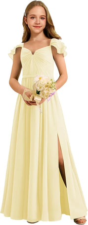 Augday Chiffon Junior Bridesmaid Dress Pleated V-Neck Cap Sleeves A-Line Flower Girl Formal Gown UJR151