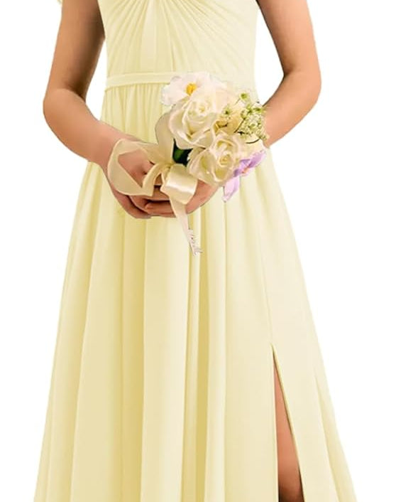 Augday Chiffon Junior Bridesmaid Dress Pleated V-Neck Cap Sleeves A-Line Flower Girl Formal Gown UJR151