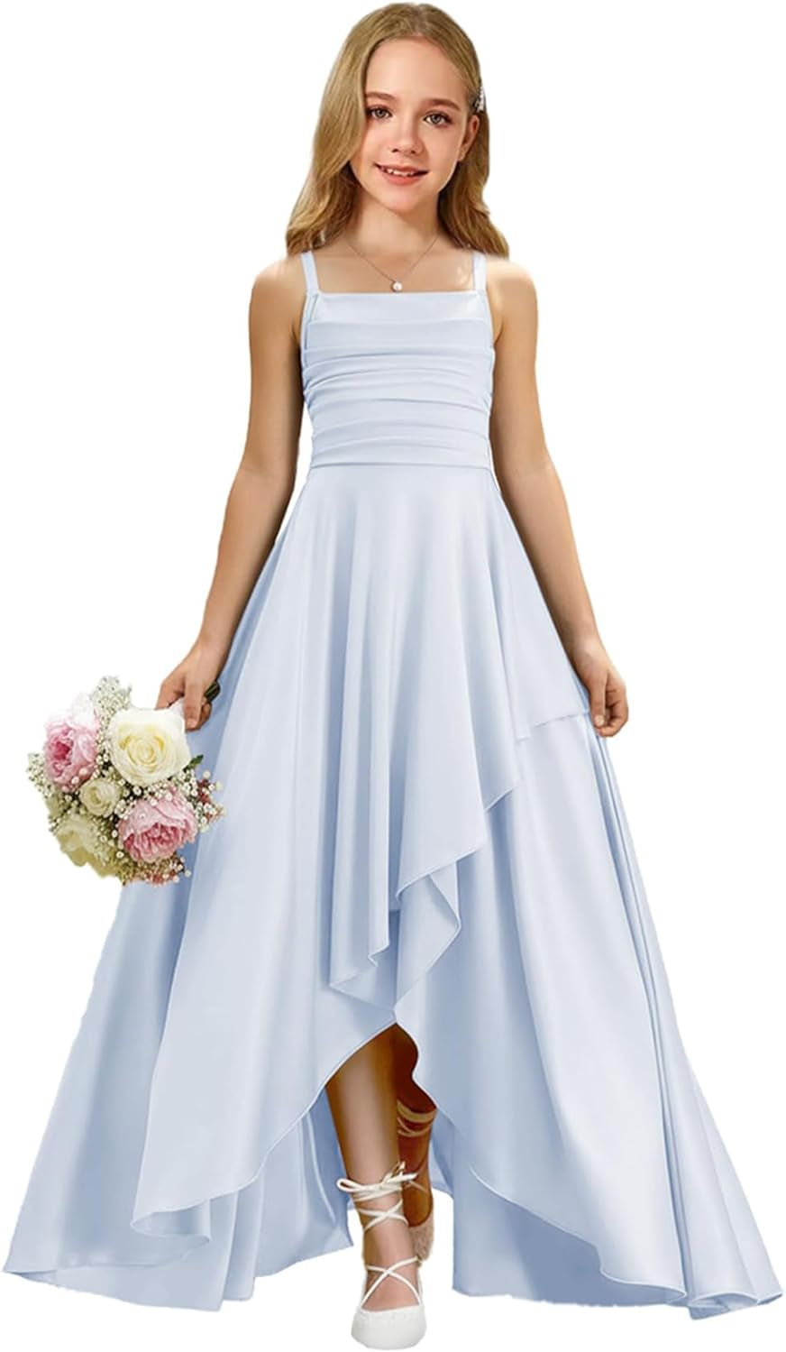 Augday Satin Junior Bridesmaid Dress with Adjustable Straps A-Line Flower Girl Formal Gown UJR150