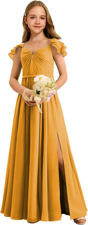 Augday Chiffon Junior Bridesmaid Dress Pleated V-Neck Cap Sleeves A-Line Flower Girl Formal Gown UJR151