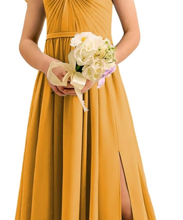 Augday Chiffon Junior Bridesmaid Dress Pleated V-Neck Cap Sleeves A-Line Flower Girl Formal Gown UJR151