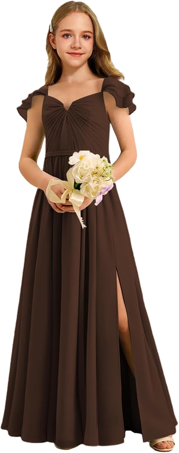 Augday Chiffon Junior Bridesmaid Dress Pleated V-Neck Cap Sleeves A-Line Flower Girl Formal Gown UJR151