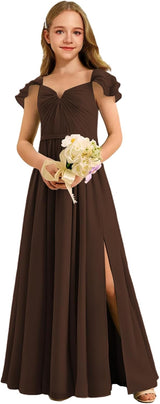 Augday Chiffon Junior Bridesmaid Dress Pleated V-Neck Cap Sleeves A-Line Flower Girl Formal Gown