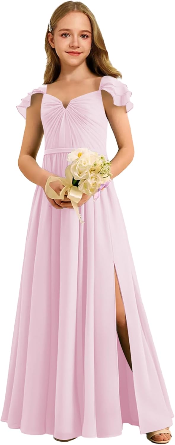 Augday Chiffon Junior Bridesmaid Dress Pleated V-Neck Cap Sleeves A-Line Flower Girl Formal Gown UJR151