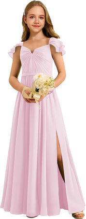Augday Chiffon Junior Bridesmaid Dress Pleated V-Neck Cap Sleeves A-Line Flower Girl Formal Gown UJR151