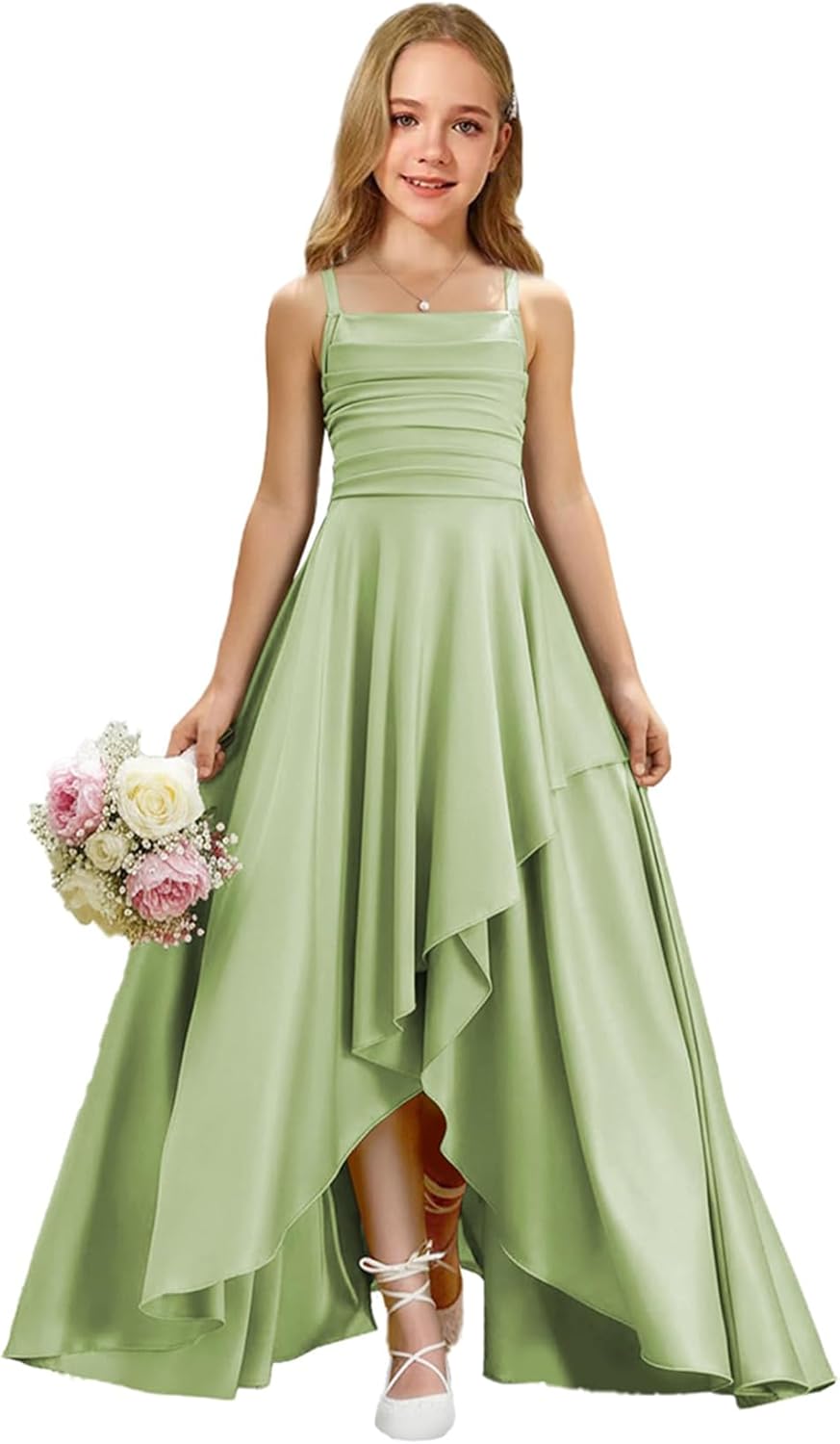 Augday Satin Junior Bridesmaid Dress with Adjustable Straps A-Line Flower Girl Formal Gown UJR150