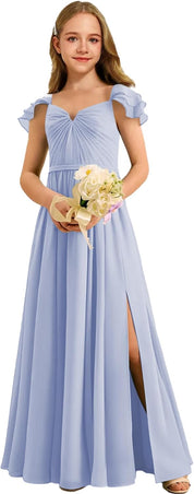 Augday Chiffon Junior Bridesmaid Dress Pleated V-Neck Cap Sleeves A-Line Flower Girl Formal Gown UJR151