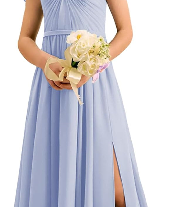 Augday Chiffon Junior Bridesmaid Dress Pleated V-Neck Cap Sleeves A-Line Flower Girl Formal Gown UJR151