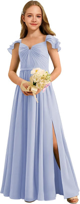 Augday Chiffon Junior Bridesmaid Dress Pleated V-Neck Cap Sleeves A-Line Flower Girl Formal Gown