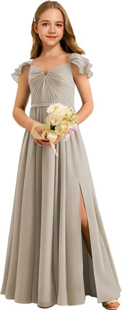 Augday Chiffon Junior Bridesmaid Dress Pleated V-Neck Cap Sleeves A-Line Flower Girl Formal Gown UJR151