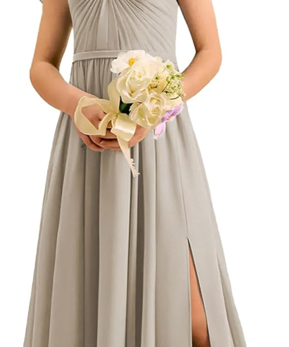 Augday Chiffon Junior Bridesmaid Dress Pleated V-Neck Cap Sleeves A-Line Flower Girl Formal Gown UJR151