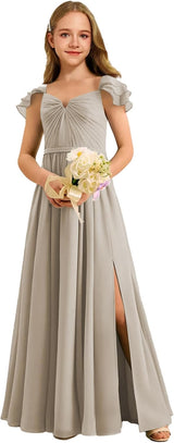 Augday Chiffon Junior Bridesmaid Dress Pleated V-Neck Cap Sleeves A-Line Flower Girl Formal Gown
