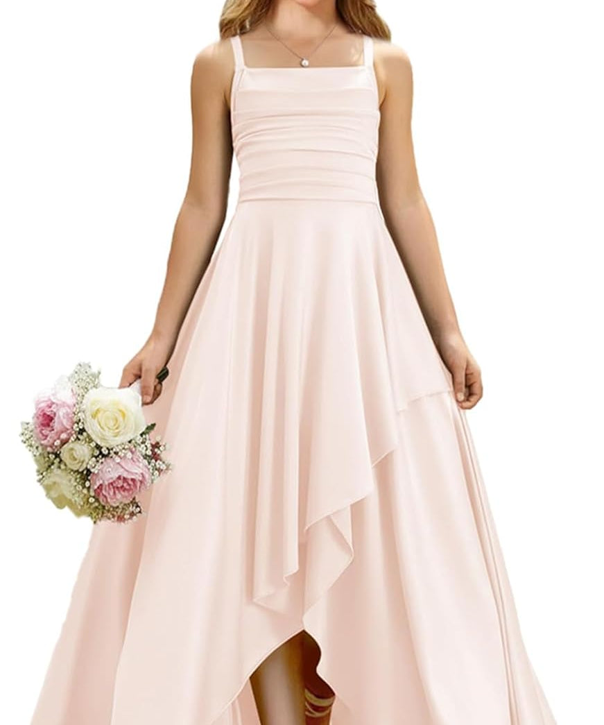 Augday Satin Junior Bridesmaid Dress with Adjustable Straps A-Line Flower Girl Formal Gown UJR150