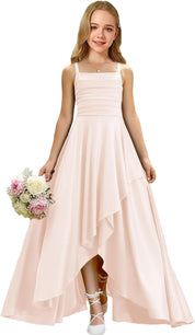 Augday Satin Junior Bridesmaid Dress with Adjustable Straps A-Line Flower Girl Formal Gown UJR150