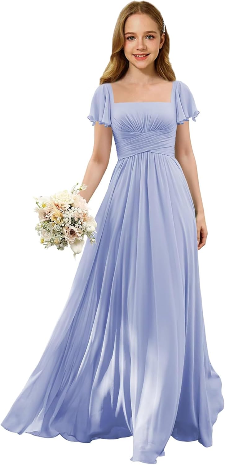 Flutter Sleeves Junior Bridesmaid Dress Square Neck Flower Girl Dresses with Ruffles A Line Wedding Party Gown