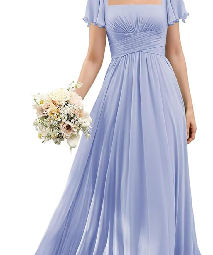 Flutter Sleeves Junior Bridesmaid Dress Square Neck Flower Girl Dresses with Ruffles A Line Wedding Party Gown