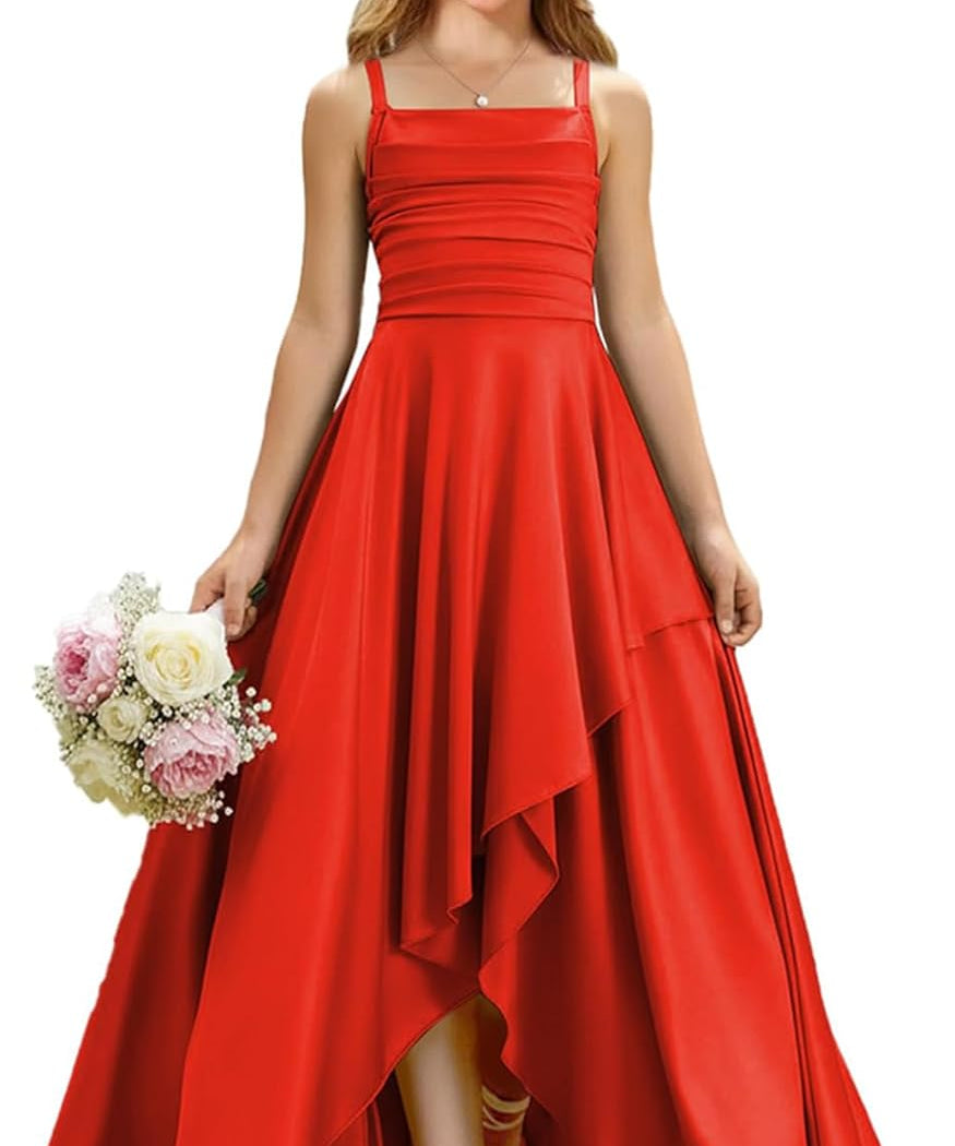 Augday Satin Junior Bridesmaid Dress with Adjustable Straps A-Line Flower Girl Formal Gown UJR150