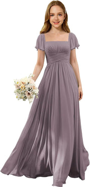 Flutter Sleeves Junior Bridesmaid Dress Square Neck Flower Girl Dresses with Ruffles A Line Wedding Party Gown