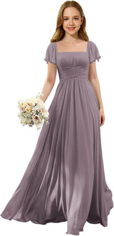 Augday Flutter Sleeves Junior Bridesmaid Dress Square Neck Flower Girl Dresses with Ruffles A Line Wedding Party Gown