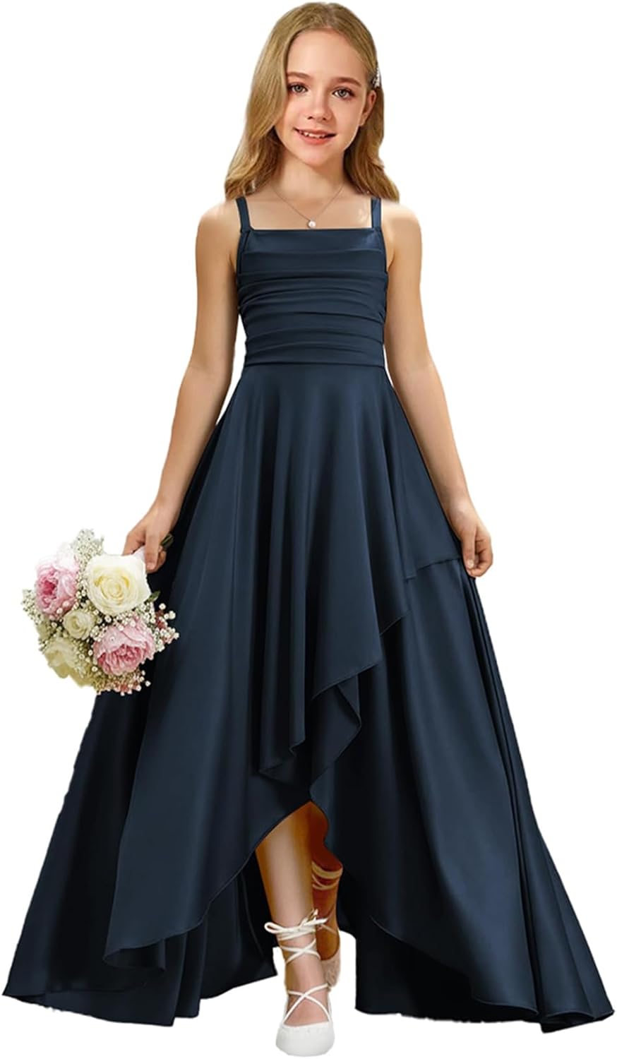 Augday Satin Junior Bridesmaid Dress with Adjustable Straps A-Line Flower Girl Formal Gown UJR150
