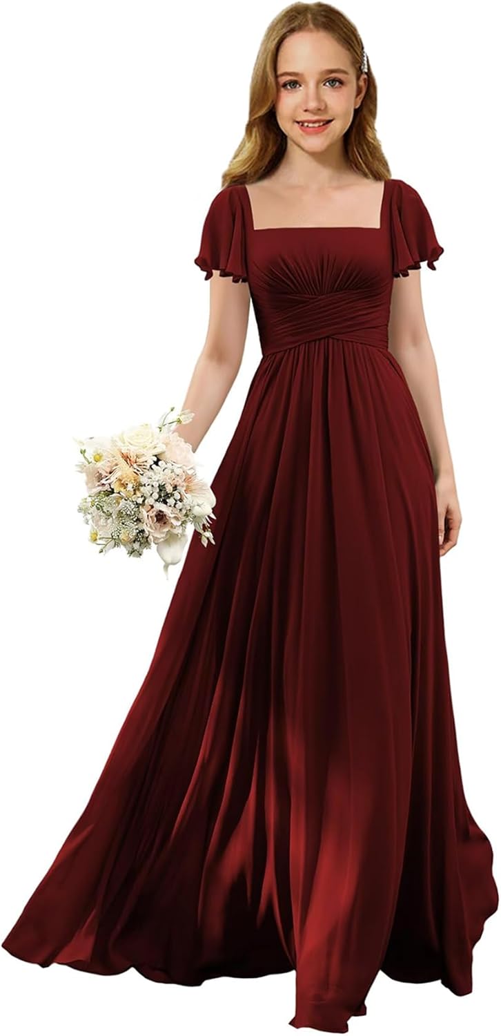 Flutter Sleeves Junior Bridesmaid Dress Square Neck Flower Girl Dresses with Ruffles A Line Wedding Party Gown