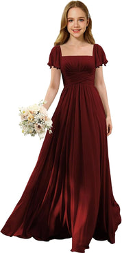 Flutter Sleeves Junior Bridesmaid Dress Square Neck Flower Girl Dresses with Ruffles A Line Wedding Party Gown