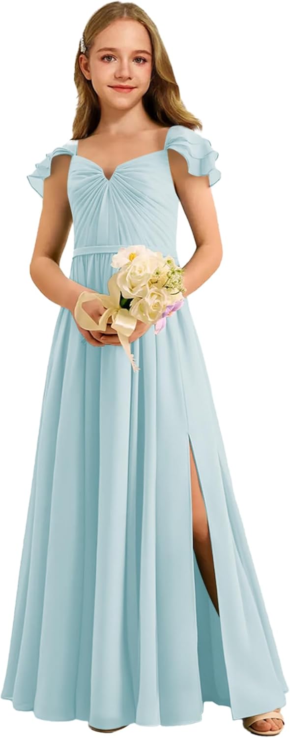 Augday Chiffon Junior Bridesmaid Dress Pleated V-Neck Cap Sleeves A-Line Flower Girl Formal Gown UJR151