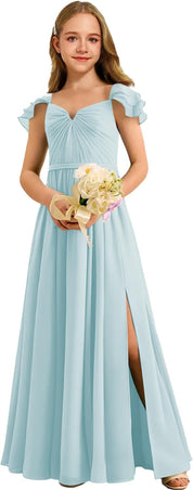 Augday Chiffon Junior Bridesmaid Dress Pleated V-Neck Cap Sleeves A-Line Flower Girl Formal Gown UJR151