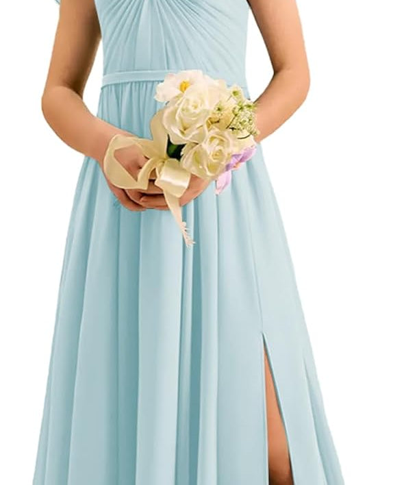 Augday Chiffon Junior Bridesmaid Dress Pleated V-Neck Cap Sleeves A-Line Flower Girl Formal Gown UJR151