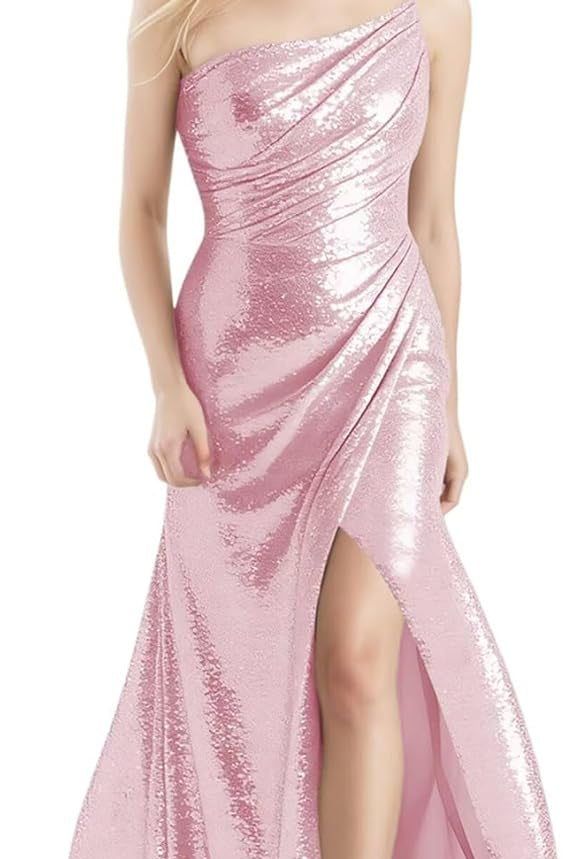 Sequin Girls Prom Dress One Shoulder Junior Bridesmaid Dress with Slit Flower Girl Formal Dresses UJR137