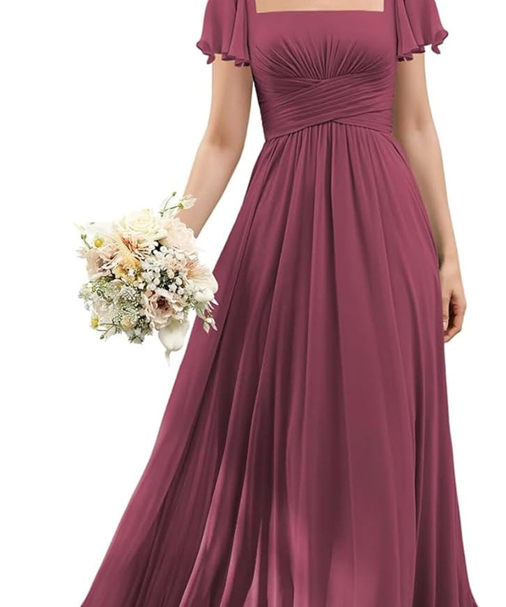 Flutter Sleeves Junior Bridesmaid Dress Square Neck Flower Girl Dresses with Ruffles A Line Wedding Party Gown