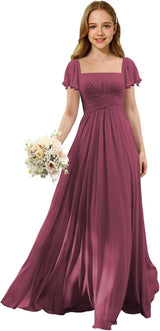 Augday Flutter Sleeves Junior Bridesmaid Dress Square Neck Flower Girl Dresses with Ruffles A Line Wedding Party Gown