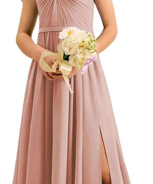 Augday Chiffon Junior Bridesmaid Dress Pleated V-Neck Cap Sleeves A-Line Flower Girl Formal Gown UJR151
