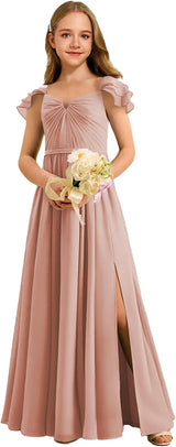 Augday Chiffon Junior Bridesmaid Dress Pleated V-Neck Cap Sleeves A-Line Flower Girl Formal Gown