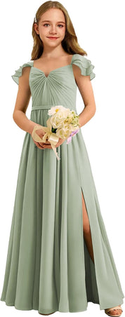 Augday Chiffon Junior Bridesmaid Dress Pleated V-Neck Cap Sleeves A-Line Flower Girl Formal Gown UJR151