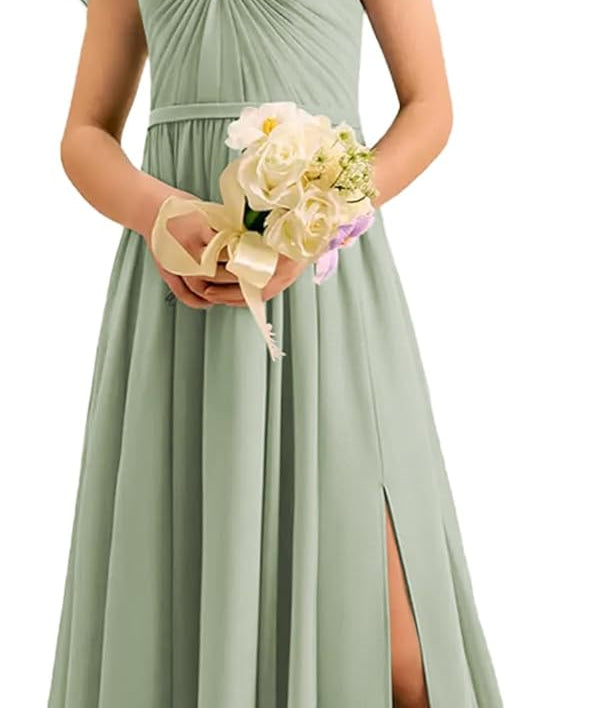 Augday Chiffon Junior Bridesmaid Dress Pleated V-Neck Cap Sleeves A-Line Flower Girl Formal Gown UJR151
