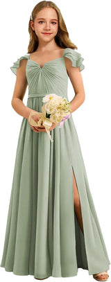 Augday Chiffon Junior Bridesmaid Dress Pleated V-Neck Cap Sleeves A-Line Flower Girl Formal Gown