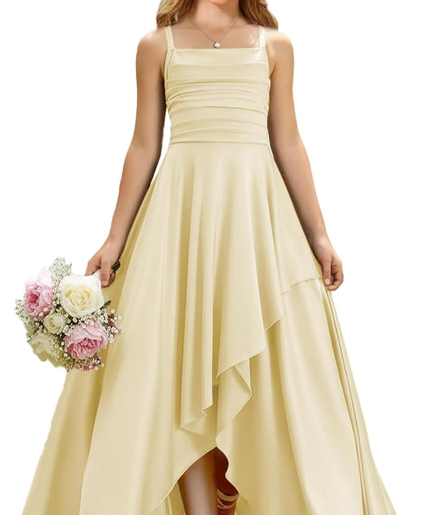 Augday Satin Junior Bridesmaid Dress with Adjustable Straps A-Line Flower Girl Formal Gown UJR150