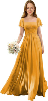 Augday Flutter Sleeves Junior Bridesmaid Dress Square Neck Flower Girl Dresses with Ruffles A Line Wedding Party Gown