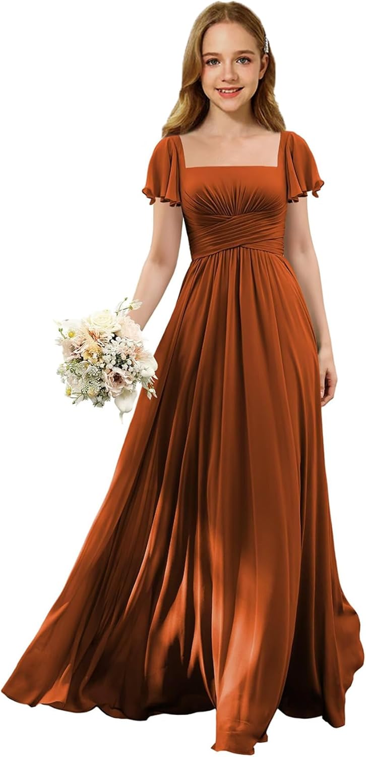 Flutter Sleeves Junior Bridesmaid Dress Square Neck Flower Girl Dresses with Ruffles A Line Wedding Party Gown