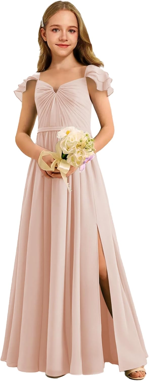 Augday Chiffon Junior Bridesmaid Dress Pleated V-Neck Cap Sleeves A-Line Flower Girl Formal Gown UJR151