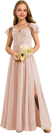 Augday Chiffon Junior Bridesmaid Dress Pleated V-Neck Cap Sleeves A-Line Flower Girl Formal Gown UJR151