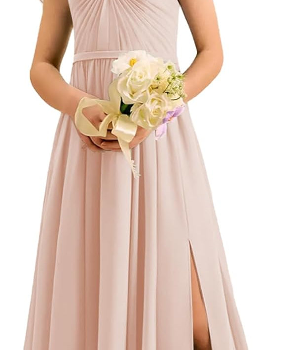 Augday Chiffon Junior Bridesmaid Dress Pleated V-Neck Cap Sleeves A-Line Flower Girl Formal Gown UJR151