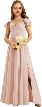 Augday Chiffon Junior Bridesmaid Dress Pleated V-Neck Cap Sleeves A-Line Flower Girl Formal Gown