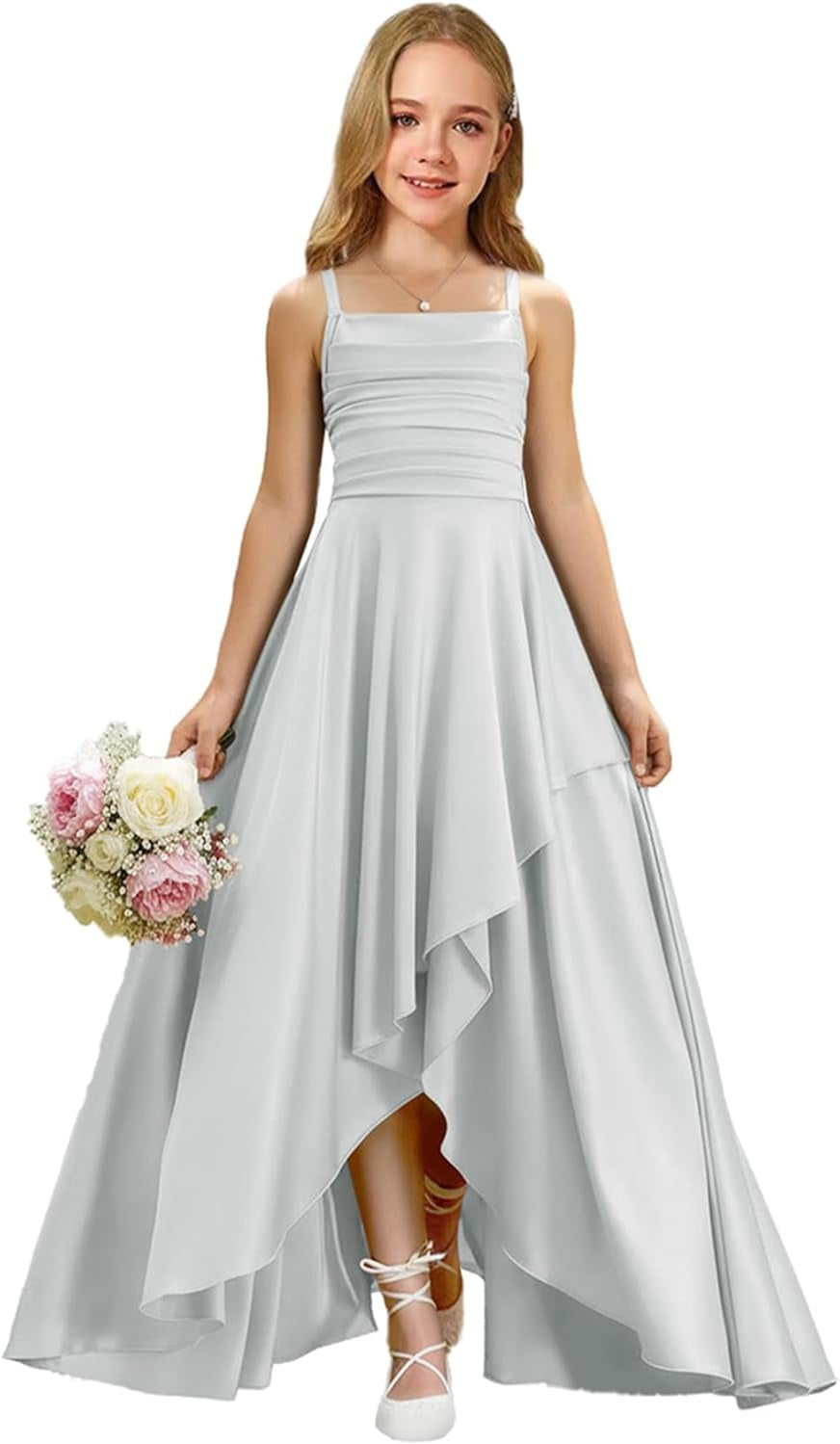 Augday Satin Junior Bridesmaid Dress with Adjustable Straps A-Line Flower Girl Formal Gown UJR150
