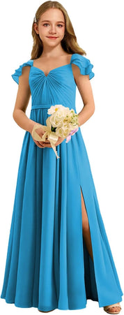 Augday Chiffon Junior Bridesmaid Dress Pleated V-Neck Cap Sleeves A-Line Flower Girl Formal Gown UJR151