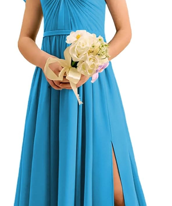 Augday Chiffon Junior Bridesmaid Dress Pleated V-Neck Cap Sleeves A-Line Flower Girl Formal Gown UJR151