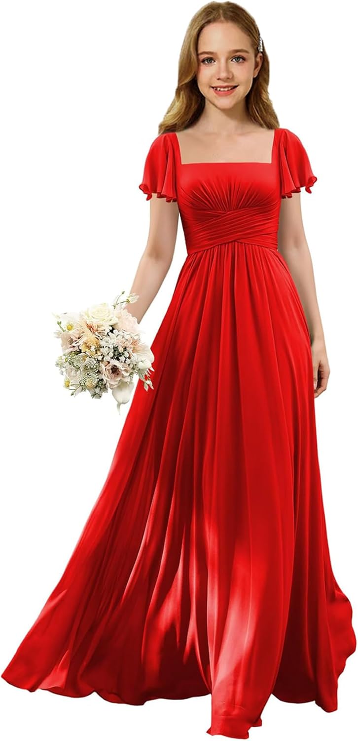 Flutter Sleeves Junior Bridesmaid Dress Square Neck Flower Girl Dresses with Ruffles A Line Wedding Party Gown