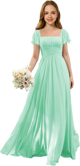 Augday Flutter Sleeves Junior Bridesmaid Dress Square Neck Flower Girl Dresses with Ruffles A Line Wedding Party Gown